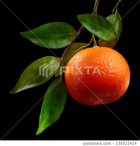 Fresh mandarin with leaves isolated on black background with clipping path, symbolizing freshness and natural produce Fresh mandarin with leaves isolated on black background with clipping path, symbolizing freshness and natural produce 138521424