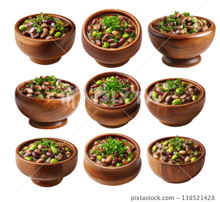 Set of Egypt Ful medames fava bean stew with garlic, oil, lemon and cilantro in wooden bowl, on white background, Arabic food Set of Egypt Ful medames fava bean stew with garlic, oil, lemon and cilantro in wooden bowl, on white background, Arabic food 138521428