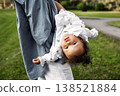 Playful little toddler girl hanging upside down in mother arms during summer walk in green park, joyful kid, fun moment, authentic family lifestyle outdoors in nature. Mom with child 138521884