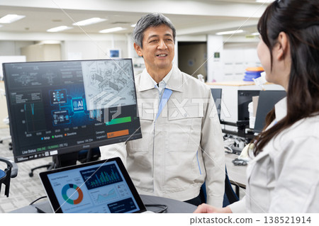 A man and a woman in work clothes are having a meeting while looking at a computer screen. A man and a woman in work clothes are having a meeting while looking at a computer screen. 138521914