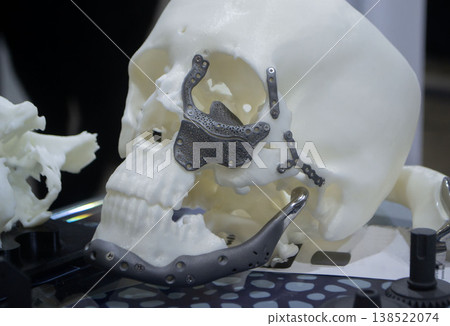Prototype of human skull from white plastic with titanium implants of plates and surgical templates printed on 3D printer. Biointegrated prosthesis. Medicine medical. Endoprosthesis Prototype of human skull from white plastic with titanium implants of plates and surgical templates printed on 3D printer. Biointegrated prosthesis. Medicine medical. Endoprosthesis 138522074