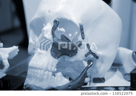 Prototype of human skull from white plastic with titanium implants of plates and surgical templates printed on 3D printer. Biointegrated prosthesis. Medicine medical. Endoprosthesis Prototype of human skull from white plastic with titanium implants of plates and surgical templates printed on 3D printer. Biointegrated prosthesis. Medicine medical. Endoprosthesis 138522075