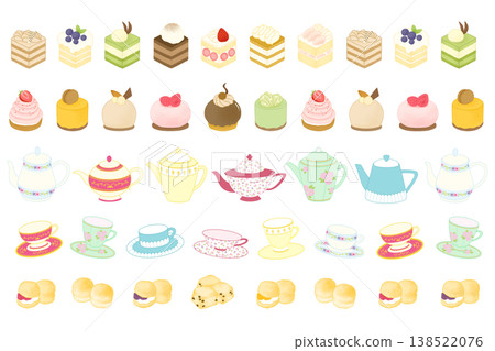 Afternoon Tea Sweets Line Illustration Set 138522076