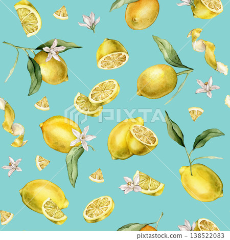 Seamless pattern with watercolor illustration of slice and whole lemon, peel or zest Lemon. Repeat ornament Hand painted lemon branch with green leaf and white flowers on white isolated background. Seamless pattern with watercolor illustration of slice and whole lemon, peel or zest Lemon. Repeat ornament Hand painted lemon branch with green leaf and white flowers on white isolated background. 138522083