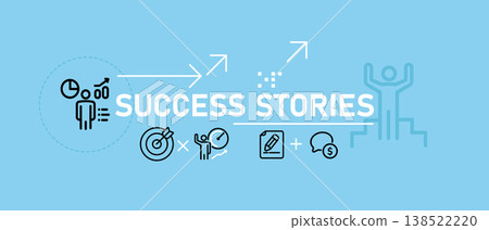 Success stories and case study banner icons of victory target hits on light blue background business portfolio highlights showcasing proven results and effective professional solutions 138522220