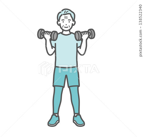 一幅插圖，描繪了一位微笑的老年男子在進行啞鈴訓練。 138522340