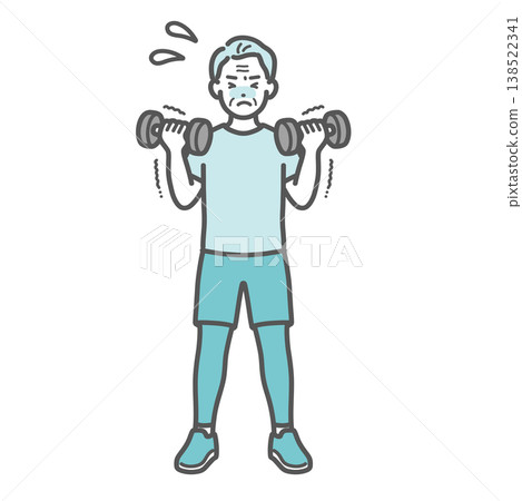 An illustration of a senior man struggling with dumbbell training. An illustration of a senior man struggling with dumbbell training. 138522341
