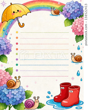 以繡球花、彩虹、雨季、蝸牛、雨傘和雨靴為主題的文具。 138522413