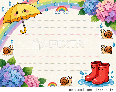 以繡球花、彩虹、雨季、蝸牛、雨傘和雨靴為主題的文具。 138522416