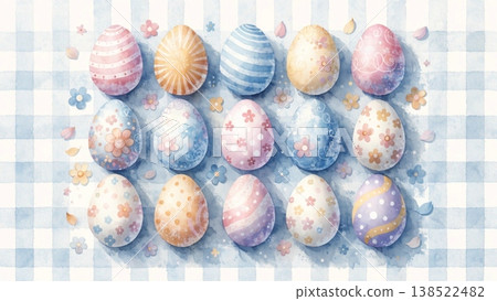 Pastel Easter eggs pattern on soft plaid decorated with tiny flowers and polka dots background  138522482