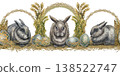 Watercolor Easter seamless border with rabbits, blue gold ornamental eggs, wheat, grass wreaths. Vintage botanical style for festive designs, invitations, packaging, branding, seasonal stationery. 138522747