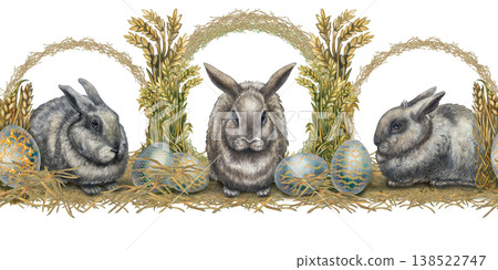 Watercolor Easter seamless border with rabbits, blue gold ornamental eggs, wheat, grass wreaths. Vintage botanical style for festive designs, invitations, packaging, branding, seasonal stationery. Watercolor Easter seamless border with rabbits, blue gold ornamental eggs, wheat, grass wreaths. Vintage botanical style for festive designs, invitations, packaging, branding, seasonal stationery. 138522747