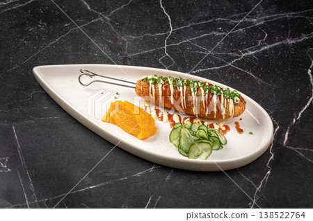 Gourmet corndog with sauce and garnish Gourmet corndog with sauce and garnish 138522764