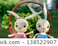 Toy bunnies in a basket with salad on a Sunny summer day 138522907