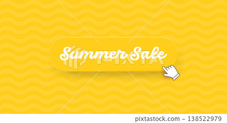 Summer Sale yellow banner with glossy button. 3D realistic web element with retro typography and hand cursor icon. Vibrant summer sale seasonal header on wavy background for online store promotions Summer Sale yellow banner with glossy button. 3D realistic web element with retro typography and hand cursor icon. Vibrant summer sale seasonal header on wavy background for online store promotions 138522979