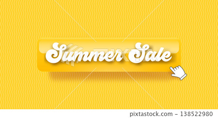 Summer Sale yellow banner with glossy button. 3D realistic web element with retro typography and hand cursor icon. Vibrant summer sale seasonal header on wavy background for online store promotions 138522980