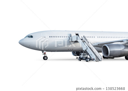 Close-up of the wide body passenger aircraft with boarding stairs isolated on white background Close-up of the wide body passenger aircraft with boarding stairs isolated on white background 138523668
