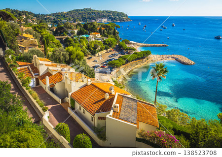 Villefranche sur Mer resort view with stunning clean beaches, France 138523708