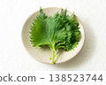 白色背景上的小碟子裡放著紫蘇葉 138523744
