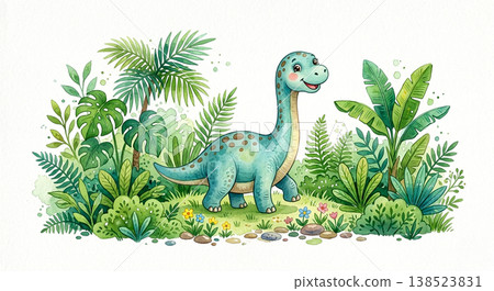 Cartoon dinosaur standing in a lush green jungle filled with plants and flowers during the day 138523831