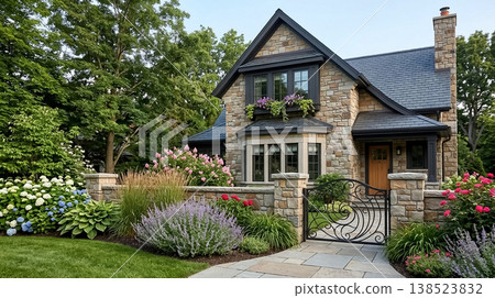 Beautiful stone house with garden flowers and gate in a quiet neighborhood during daylight Beautiful stone house with garden flowers and gate in a quiet neighborhood during daylight 138523832