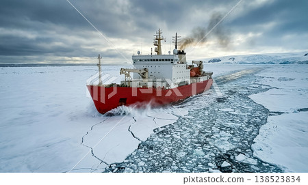 Ship navigates through icy waters in the Arctic during a cloudy winter day with smoke rising from its chimney Ship navigates through icy waters in the Arctic during a cloudy winter day with smoke rising from its chimney 138523834