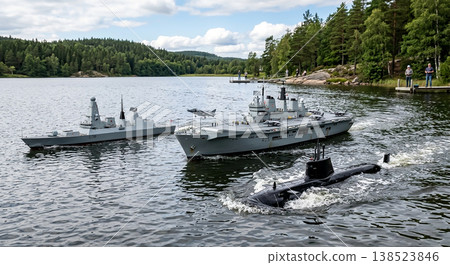 Naval vessels operate in a lake surrounded by trees with blue skies and clouds during daylight Naval vessels operate in a lake surrounded by trees with blue skies and clouds during daylight 138523846