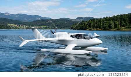 Innovative water and air transport in action on a lake surrounded by mountains Innovative water and air transport in action on a lake surrounded by mountains 138523854