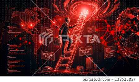 Businessman climbs ladder to data-driven success in digital world with global map background and milestones highlighted Businessman climbs ladder to data-driven success in digital world with global map background and milestones highlighted 138523857