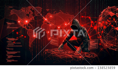Cyber hacker working on a computer system in a dark digital environment with maps and data displayed on screens Cyber hacker working on a computer system in a dark digital environment with maps and data displayed on screens 138523859