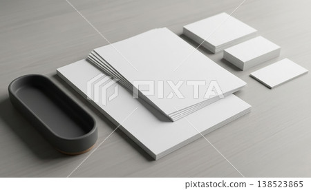 White paper stacked on a table with a gray container and smaller cards arranged around it for organized workspace White paper stacked on a table with a gray container and smaller cards arranged around it for organized workspace 138523865