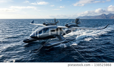 Flying boat takes off from the ocean during bright daytime with mountains in the background Flying boat takes off from the ocean during bright daytime with mountains in the background 138523868