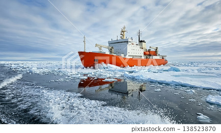 Scientific research vessel navigates icy waters in the Arctic region during daytime under overcast sky conditions Scientific research vessel navigates icy waters in the Arctic region during daytime under overcast sky conditions 138523870