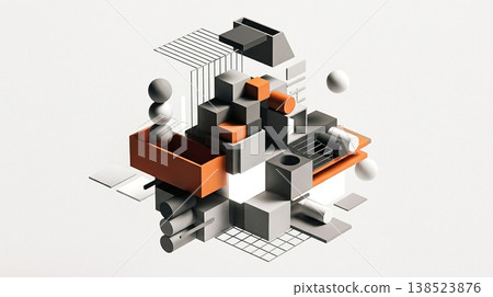 Artistic arrangement of geometric shapes with various colors and forms on a plain background 138523876