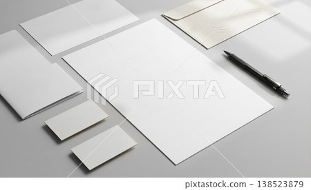 Blank stationery set on a table with a pen and empty envelopes ready for writing 138523879