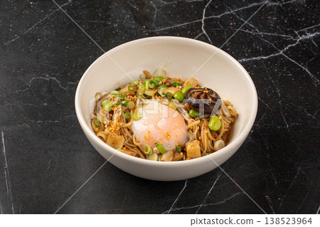 Japanese mazesoba noodles with egg and mushrooms Japanese mazesoba noodles with egg and mushrooms 138523964