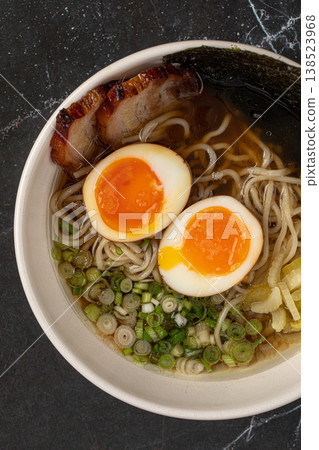 Japanese ramen with duck and soft boiled eggs Japanese ramen with duck and soft boiled eggs 138523968
