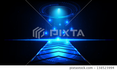 Blue Cyber Futuristic Technology Background with Glowing HUD Circles and Digital Light Trails Blue Cyber Futuristic Technology Background with Glowing HUD Circles and Digital Light Trails 138523994