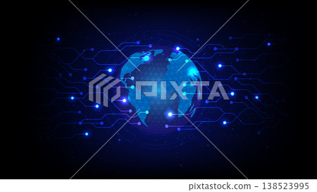 Global Network Technology Background with Blue World Globe and Circuit Line Connection Global Network Technology Background with Blue World Globe and Circuit Line Connection 138523995