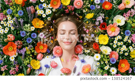 A woman surrounded by colorful flowers: A glamorous beauty image. A woman surrounded by colorful flowers: A glamorous beauty image. 138524167