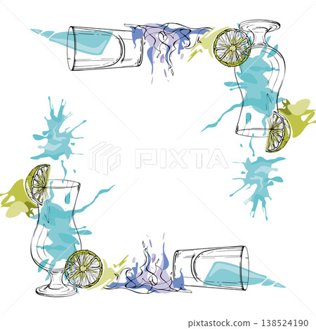 Electric lemonade, Blue Hawaii, flaming Kamikaze shot silhouettes with citrus accents and abstract splashes. Vector frame hand drawn in ink for posters, social headers, menu tops and modern decor. Electric lemonade, Blue Hawaii, flaming Kamikaze shot silhouettes with citrus accents and abstract splashes. Vector frame hand drawn in ink for posters, social headers, menu tops and modern decor. 138524190