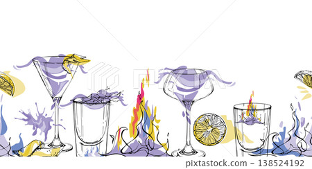Clean spirits shots on fire, Aviation cocktail seamless ribbon with lemon wheels, zest peel, burning flame. Hand drawn ink banner for recipe sites, social layouts, packaging accents and party content. Clean spirits shots on fire, Aviation cocktail seamless ribbon with lemon wheels, zest peel, burning flame. Hand drawn ink banner for recipe sites, social layouts, packaging accents and party content. 138524192