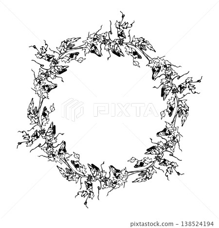 Hand drawn grapevine wreath frame with organic tendrils and detailed grapes on twisted trunks. Ink vector illustration. Hand drawn for wedding stationery, wine labels, bottle neck tags and hang labels Hand drawn grapevine wreath frame with organic tendrils and detailed grapes on twisted trunks. Ink vector illustration. Hand drawn for wedding stationery, wine labels, bottle neck tags and hang labels 138524194