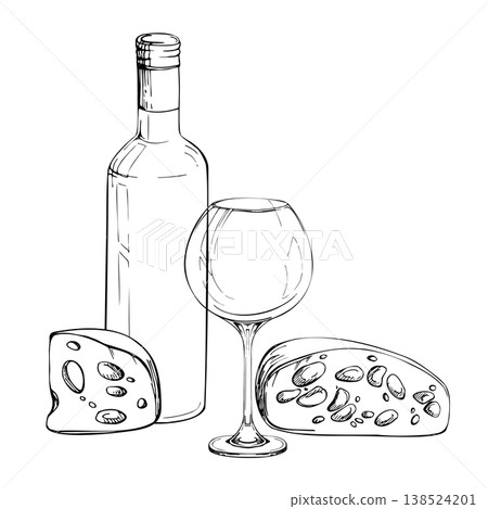 Bottle, balloon glass on long stem and Emmental, maasdam cheese cut pieces. Isolated ink vector illustration. Hand drawn for wine labels, menus, gourmet food packaging, drink lists and pairing guides 138524201