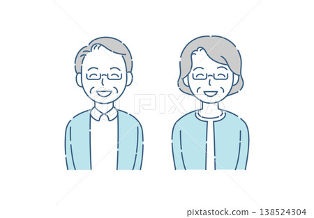 A simple illustration of a smiling senior couple wearing glasses, their eyes smiling too. Blue-gray color scheme. A simple illustration of a smiling senior couple wearing glasses, their eyes smiling too. Blue-gray color scheme. 138524304
