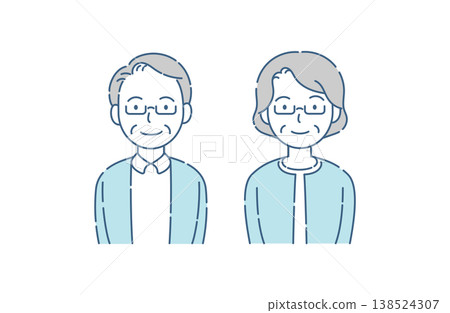 A simple illustration of a smiling senior couple wearing glasses, in a blue-gray color scheme. A simple illustration of a smiling senior couple wearing glasses, in a blue-gray color scheme. 138524307