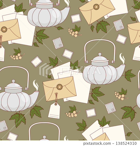 Seamless Pattern with Fine Porcelain Teapots and Vintage Letters with Stamps. White Currant Botanical Print on Olive Green Background. Craft Stationery and Snail Mail Aesthetic. Vector Illustration. Seamless Pattern with Fine Porcelain Teapots and Vintage Letters with Stamps. White Currant Botanical Print on Olive Green Background. Craft Stationery and Snail Mail Aesthetic. Vector Illustration. 138524310