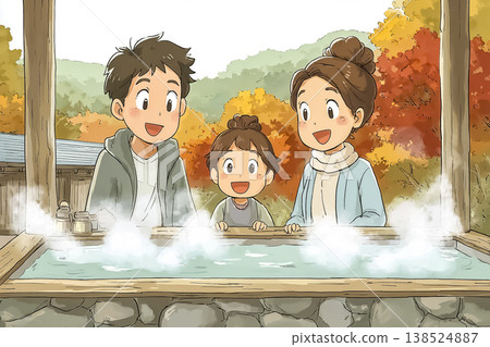一幅描繪一家三口在旅行中享受露天浴池的插圖。 138524887