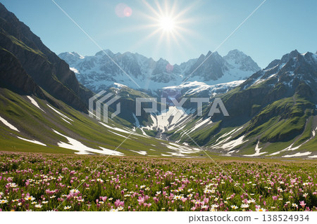 山脈與野花景觀－人工智慧生成的圖像 138524934