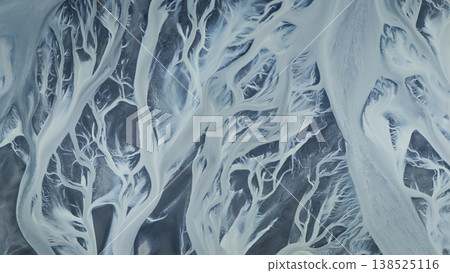 Top down aerial view on glacial rivers streaming through the landscape, Iceland Top down aerial view on glacial rivers streaming through the landscape, Iceland 138525116